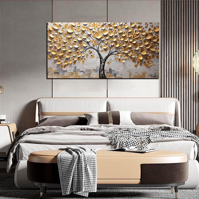 Tree Pictures Wall Decor for Living Room Yellow Canvas Wall Art for Bedroom Large Abstract Wall Art for Office Size 29" x 58"