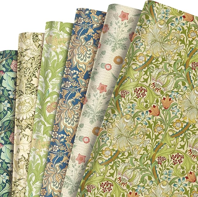 12 Sheets William Morris Wrapping Paper Set William Morris Gift Wrapping Paper 6 Design Green Vines and Flowers Pattern Paper for Flowers Themed Party Wedding Bridal Shower Baby Shower 20'' x 27''
