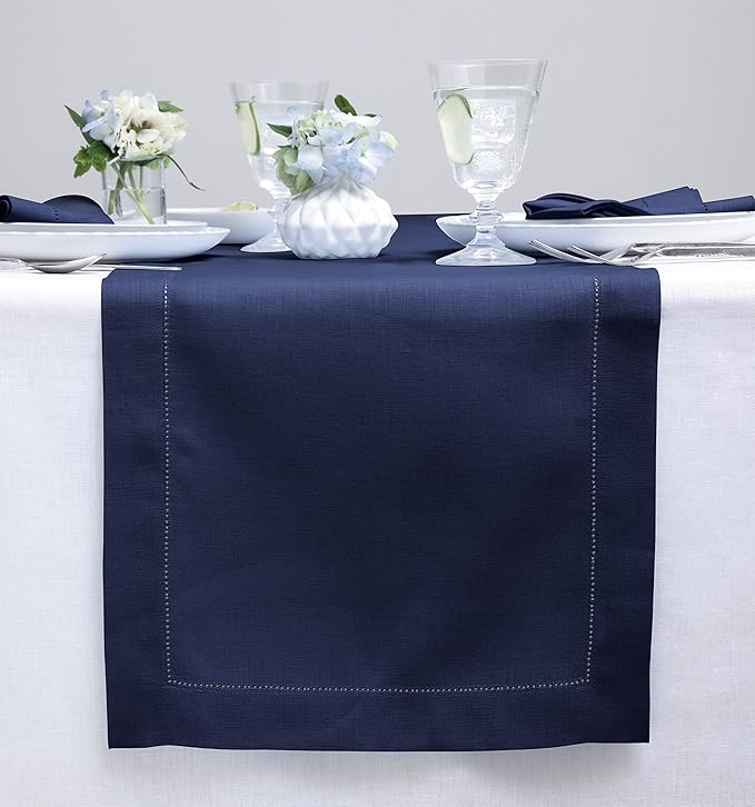 Solino Home Linen Navy Blue Table Runner 132 Inches Long - 100% Pure Linen Extra Long Table Runner 14 x 132 Inch for Easter - Classic Hemstitch