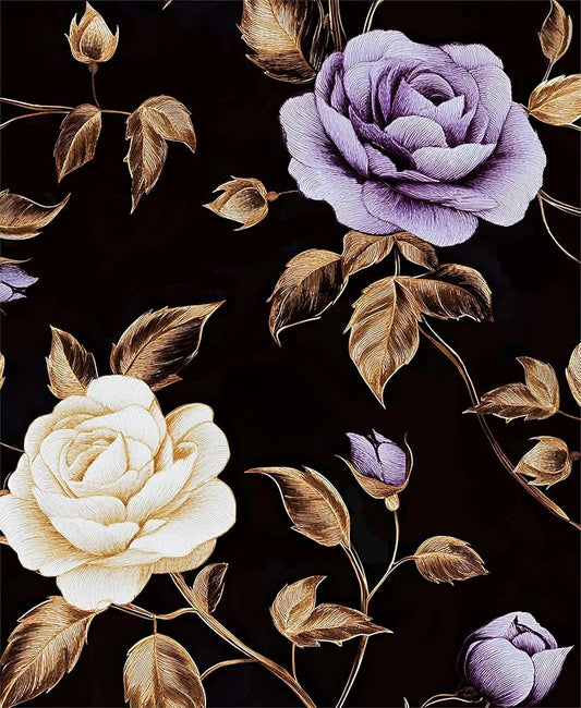 Golden Floral Wallpaper Peel and Stick Vintage Purple Gold Rose Contact Paper Self Adhesive Removable Retro Dark Flower Wall Mural for Bedroom Walls Shelves Cabinet Table Decor 17.5" x 118"