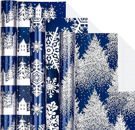 LeZakaa Navy Christmas Wrapping Paper Min Roll, Snowy Woodland Scenes House Snowflake Tree Holiday Gift Wrap, Arts Craft, for Xmas Winter Party Men Women, 17 x 120 inches, 3 Rolls