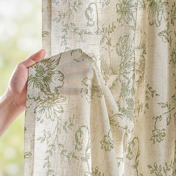 jinachan Linen Blend Floral Curtains for Living Room 63 Inch Length Christmas Sage Green Printed Curtain Rod Pocket Back Tab Farmhouse Peony Flower Patterned Drapes Bedroom Curtains Set 2 Panels