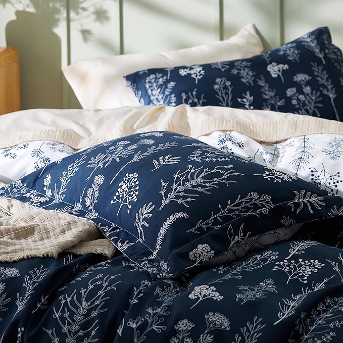 Bedsure Twin/Twin XL Duvet Cover - Reversible Navy Blue Duvet Cover Set with Zipper Closure, 2 Pieces Cute Floral Patterned Bedding Set with 8 Corner Ties and 1 Pillow Sham