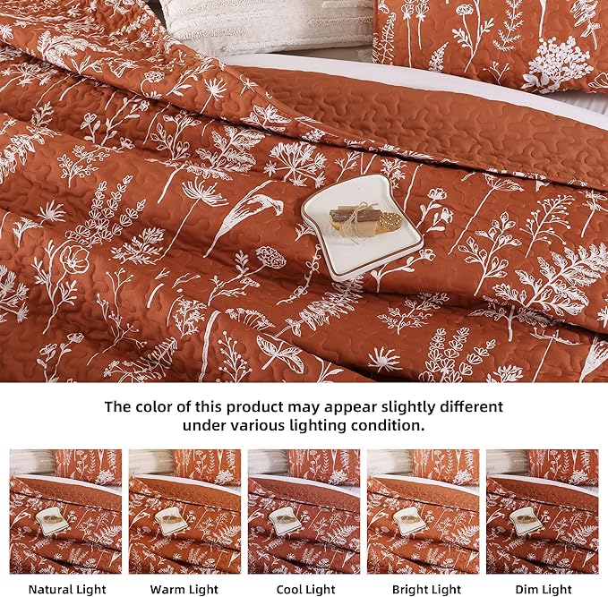 JANZAA Terracotta Bed Spread Boho Quilt with Floral Pattern Microfiber Quilts Set - 3 Pieces Lightweight Comforter Reversible Bedding - 1 Quilt 104x90 inches, 2 Pillowcases