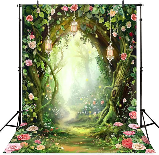 Riyidecor Enchanted Fairy Backdrop Polyester Fabric Fantasy Spring Wonderland Flower Greenery Woodland Tale 6Wx8H Feet Rose Nature Tree Photography Background Birthday Baby Shower Photo Studio Shoot