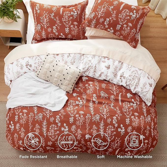 Bedsure Duvet Cover Full Size - Reversible Terracotta Full Duvet Cover Set with Zipper Closure, 3 Pieces Cute Floral Botanical Bedding Set with 8 Corner Ties and 2 Pillow Shams