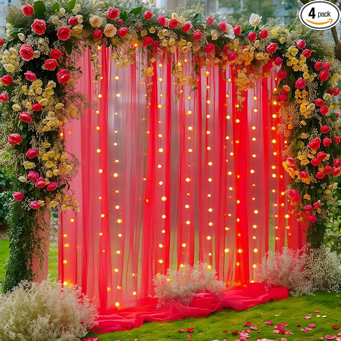 20×10ft Red Tulle Backdrop Curtain with Lights for Parties, Sheer Photo Backdrop Curtains for Wedding Party Photography Background