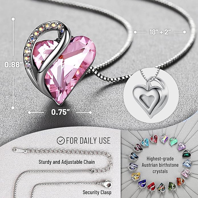 Leafael Necklaces for Women, Infinity Love Birthstone Heart Crystal Pendant, Birthday Jewelry Gifts for Her, Mom, and Wife, Silver Plated, 18 plus 2 inch Adjustable Chain