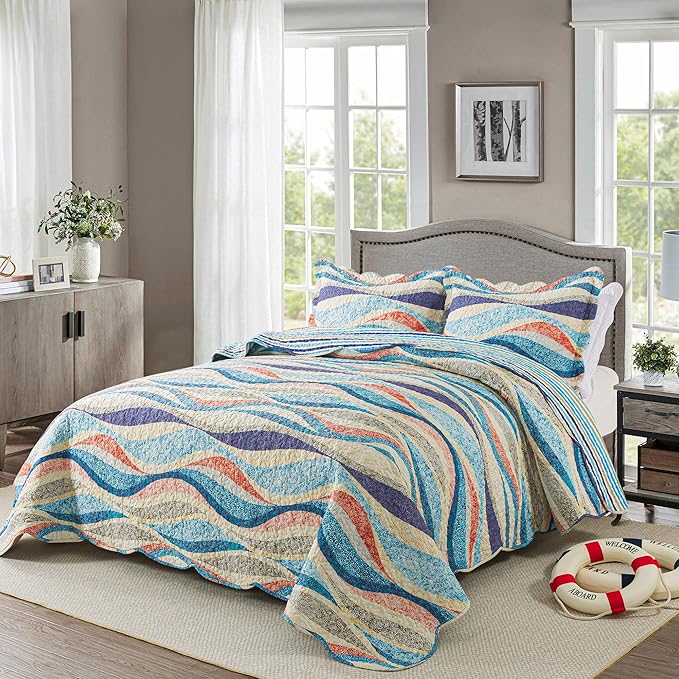 HoneiLife King Quilt Bedding Set - 3 Pieces Beach Quilt Sets Coastal Bedspreads Ocean Coverlets Microfiber Bed Cover All Season Quilts
