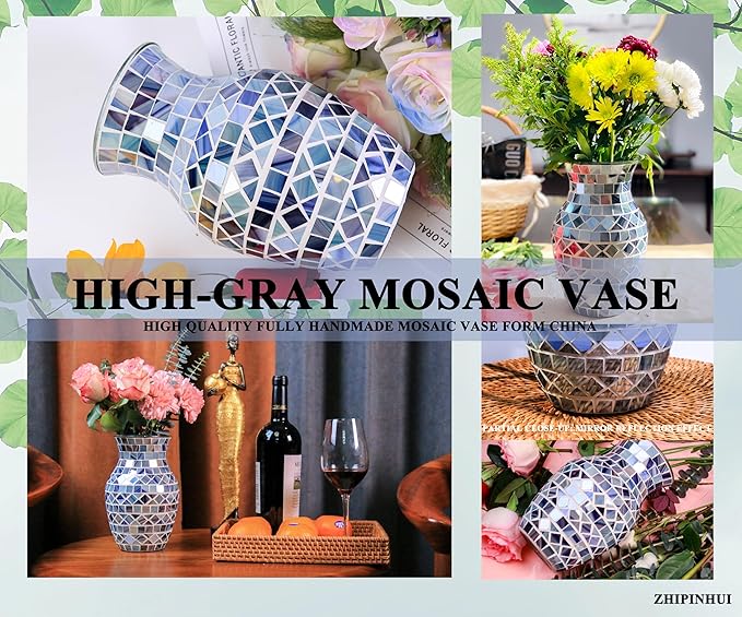 8" H Gray Blue Mosaic Vase.Exquisite Craftsmanship.Decor Home Modern Midsize All Handmade Mosaic Vases .Beautiful Glass Vase for Home&Office Decor.Unique Gift