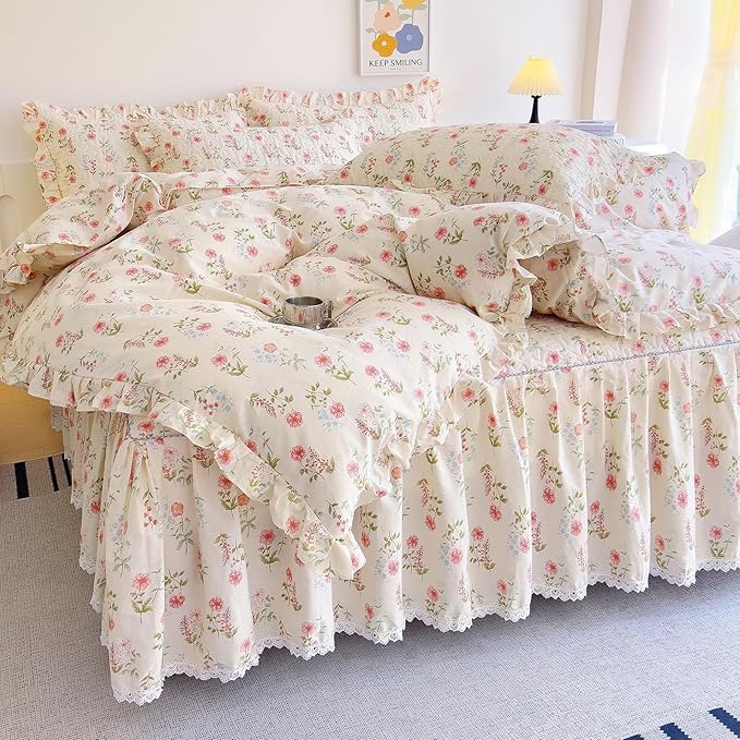 EAVD French Garden Style Pink Flower Duvet Cover with Ruffles Queen Soft Cotton Chic Shabby Pink Floral Bedding Set with 2 Pillowcases Romantic Botanical Print Duvet Cover with Zipper Closure
