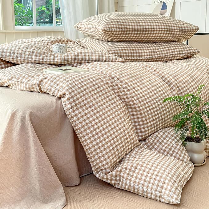 LifeTB Tan Gingham Comforter Set King Modern Style Beige Plaid Comforter Set 3 Pieces Soft Fluffy Grid Checkered Pattern Comforter with 2 Pillowcases Farmhouse Gingham Plaid Bedding Set King