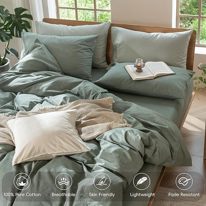 MooMee Bedding Duvet Cover Set 100% Washed Cotton Linen Like Textured Breathable Durable Soft Comfy (Heathered Green, Palatial King/Oversized King 120"x98")
