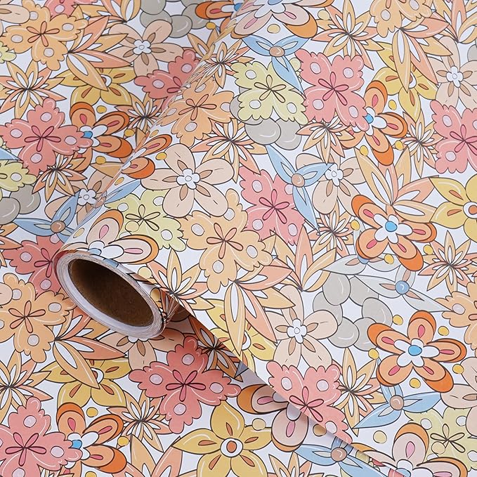 RayofSun Floral Wrapping Paper Roll 17 inch x 16.5 ft Mini Roll Boho Vintage Flower Gift Wrap All Occasion Wedding Birthday Bridal Shower Party Baby Shower Christmas