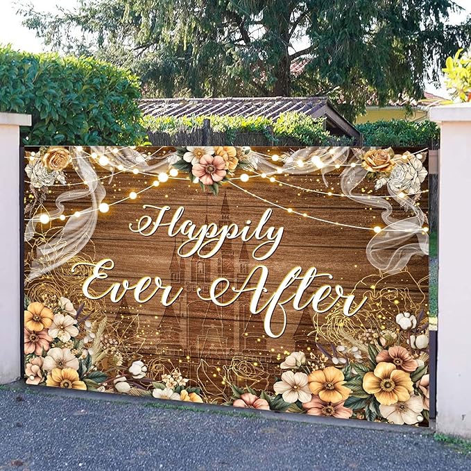 Happily Ever After Backdrop Bridal Shower Wedding Party Brown Wood Photography Background Boho Floral Golden Rose Dots Wedding Decor Banner Portrait Photo Booth Studio Props 10x7ft FU073YL