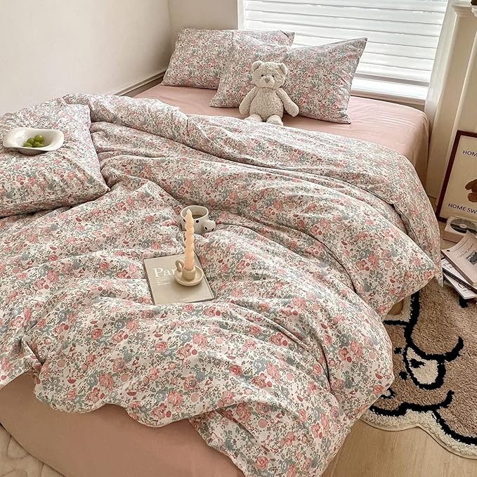 LIFETB Pink Floral Comforter Set Full Cute Girl Floral Bedding Comforter Set for Full Size Bed Chic Garden Style Flower Comforter with 2 Pillowcases Vintage Botanical Bedding Comforter Set All Season