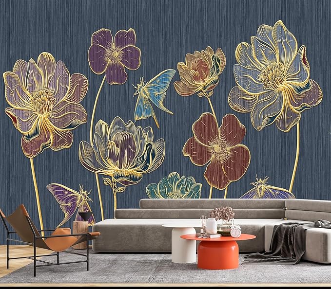 Eierme-Gold Embossed Plants and Flowers Mural Wallpaper Peel and Stick 90" x 67"