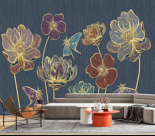 Eierme-Gold Embossed Plants and Flowers Mural Wallpaper Peel and Stick 160" x 114"