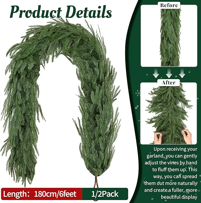 Palonu 2 Pcs 6Ft Artificial Norfolk Garland, Faux Christmas Greenery Touched Like Real Needles Pine, Decoration for Table Mantle Wall Porch Fireplace Indoor Outdoor Winter Holiday Décor