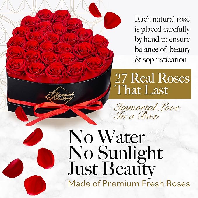 GLAMOUR BOUTIQUE 27 Flower Forever Heart Shape Box - Preserved Roses Gift for Her, Preserved Flowers, Red