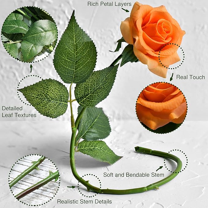 FiveSeasonStuff Silk Roses Artificial Flowers for Decoration, Home Decor Centerpiece for Tables, Wedding Bridal Bouquet of Flowers Real Touch Roses 12 Stems (Orange)
