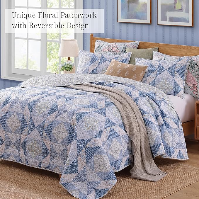 Quilt Set Twin Size, Patchwork Blue Marigold Floral Quilt Sets, Reversible Bedspread Lightweight and Breathable for All Seasons, Soft Quilted Bedspread with 1 Pillow Sham