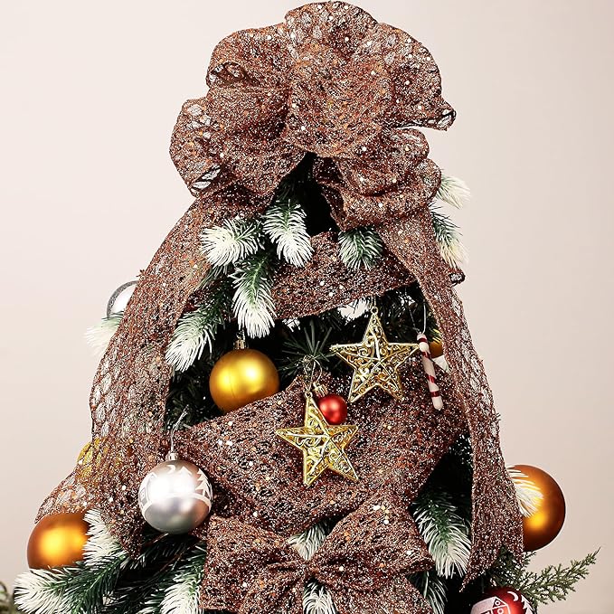 VATIN 2-1/2" Copper Christmas Ribbon, Copper Glitter Mesh Diamond Web Sequin Dots Wired Christmas Ribbon for Gift Wrapping Bow Making Wreath Supply-10 Yards