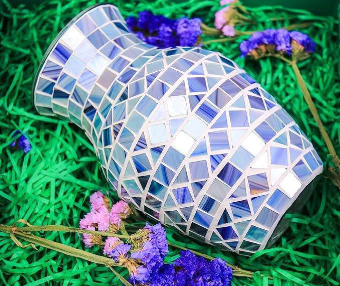 8" H Gray Blue Mosaic Vase.Exquisite Craftsmanship.Decor Home Modern Midsize All Handmade Mosaic Vases .Beautiful Glass Vase for Home&Office Decor.Unique Gift