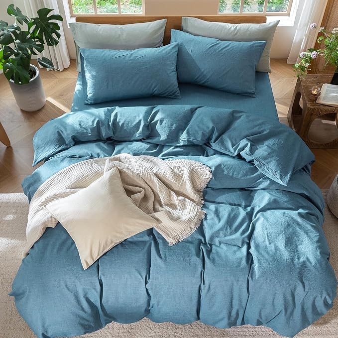 MooMee Bedding Duvet Cover Set 100% Washed Cotton Linen Like Textured Breathable Durable Soft Comfy (Heathered Peacock Blue, Super King 108"x98")