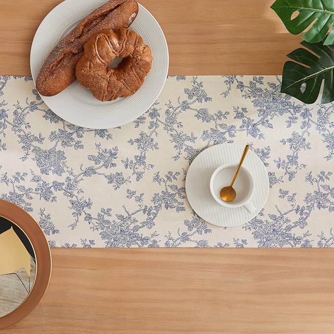 100% Cotton French Pastoral Table Runners, 13x48 Inch Blue Farmhouse Table Runners 48 Inches Long, Vintage Flowers Print Home Decors