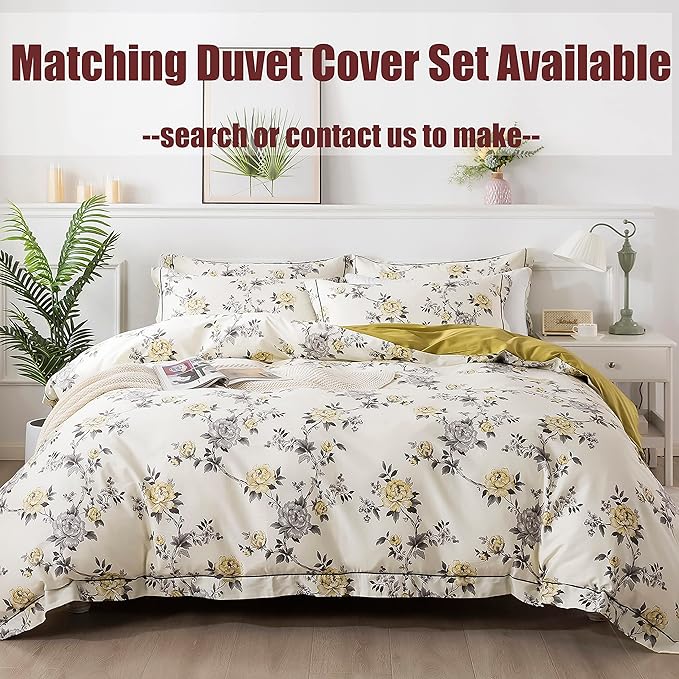 FADFAY Floral Sheets Set Twin Vintage Rose Floral Bedding Shabby Grey and Yellow Peony Sheets Farmhouse Bedding 800 Thread Count 100% Egyptian Cotton Soft Deep Pocket Fitted Sheet 4Pcs, Twin Size