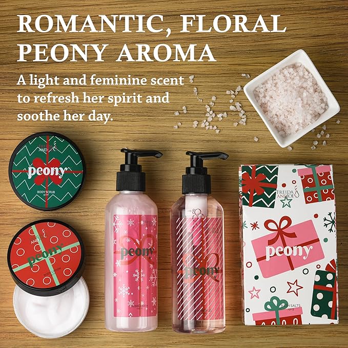 Freida & Joe Peony Spa Gift Set – 7-Piece Bath & Body Gift Basket for Women & Men | Shower Gel, Body Lotion, Body Scrub, Bath Salt | Relaxing Self Care Gift