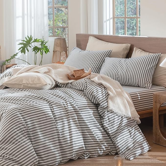 MooMee Striped Duvet Cover Set 100% Washed Cotton Linen Like Textured Breathable Durable Soft Comfy (Dark Grey White Classic Stripes, King 104"x90")