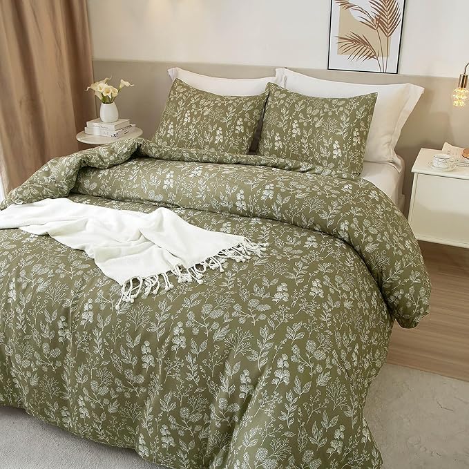 EAVD Fresh Garden Green Floral Duvet Cover King Soft Cotton Chic Shabby Small Cute Floral Botanical Bedding Set with 2 Pillowcases Reversible Green Floral Comforter Cover with Zipper Closure