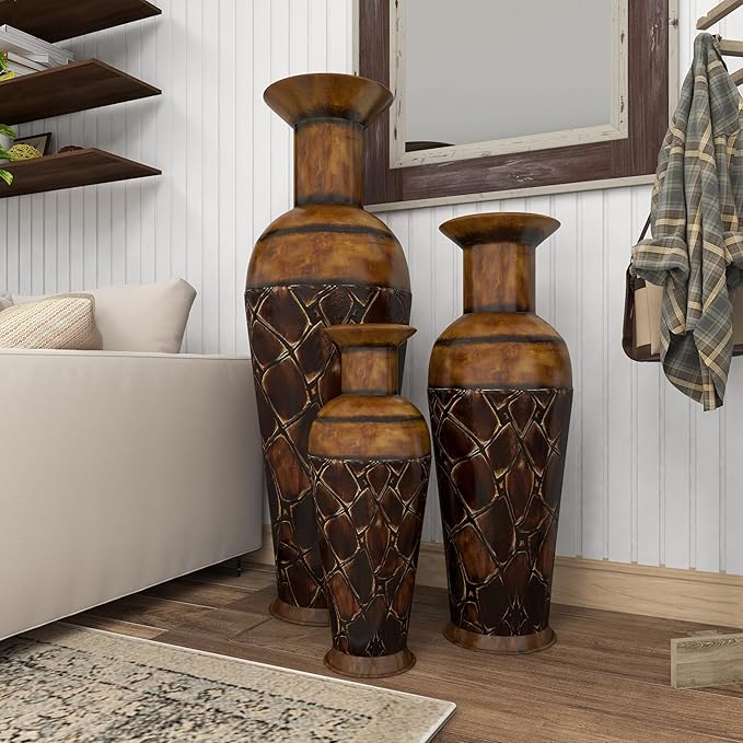 Deco 79 Metal Decorative Vase Indoor Outdoor Tall Floor Bottleneck Centerpiece Vases with Tortoise Shell Pattern, Set of 3 Flower Vases for Home Decoration 50", 35", 26"H, Brown