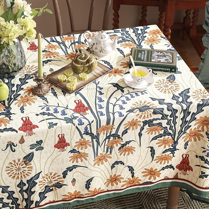 French Vintage Rectangular Tablecloth,Linen Extra Long Tablecloth with Gold and Red Floral Pattern,Decorative Table Cover for Kitchen,Dining,Thanksgiving,Living Room,67" × 118"-Tijuana