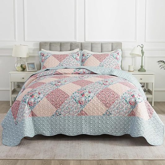 HoneiLife King Quilt Bedding Sets - Microfiber Quilt Set 3-Pieces,Lightweight Bedspreads Patchwork Coverlets Retro Bed Cover Quilt King Size All Season Quilts