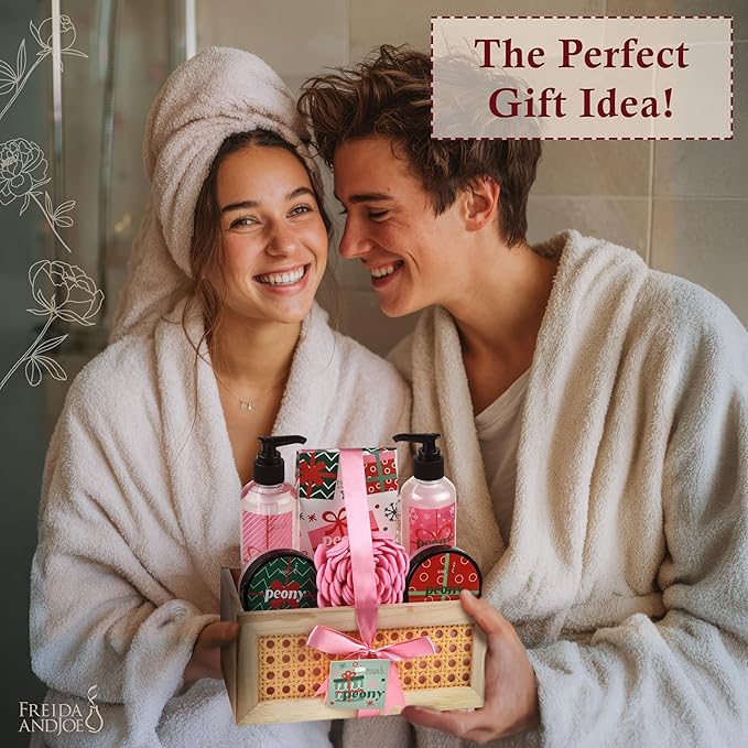 Freida & Joe Peony Spa Gift Set – 7-Piece Bath & Body Gift Basket for Women & Men | Shower Gel, Body Lotion, Body Scrub, Bath Salt | Relaxing Self Care Gift