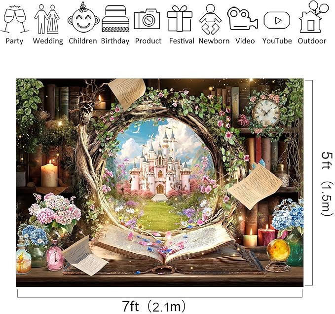 Riyidecor Fairy Woodland Library Backdrop Polyester Fabric Enchanted Castle Tale Reading Bookshelf Pink Floral Plant Botaniy 7Wx5H Feet Magic Nature Photography Background Birthday Photo Studio Shoot