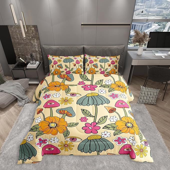 Castle Fairy 70s Retro Floral Twin Size Comforter Set,Hippie Flowers Leaves Duvet Set for Kids Boys Bedroom,Cartoon Eyes Mushroom Soft Microfiber Bedding Comforters,2 Pcs