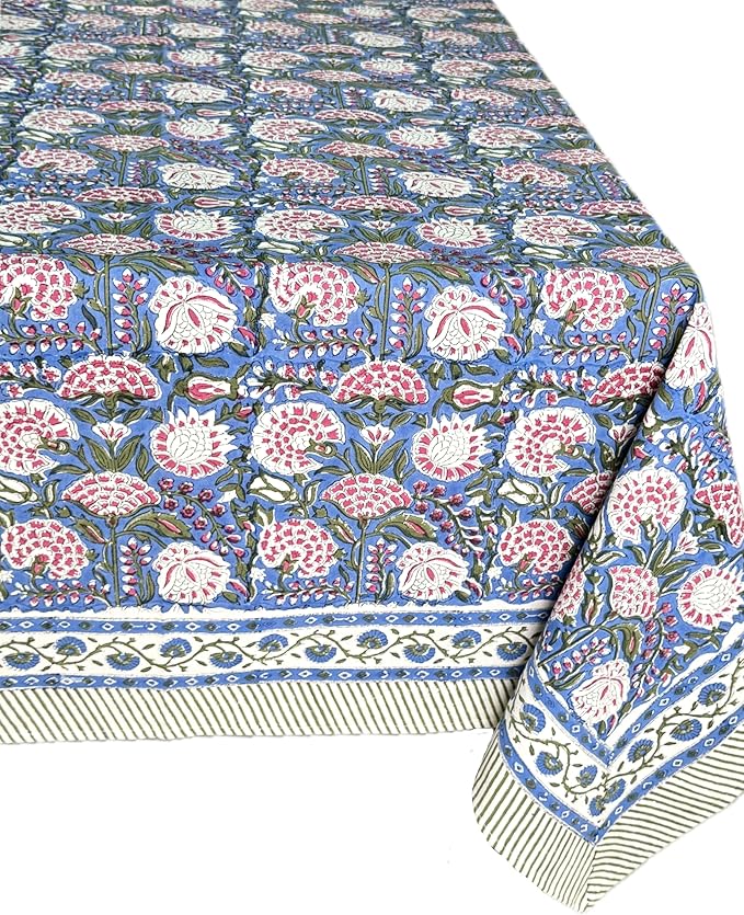 ATOSII Clover Pink 100% Cotton Rectangle Boho Fall Tablecloth, Handblock Floral Table Cloth Linen for Kitchen Dining I Parties Wedding Outdoors Christmas Thanksgiving I 72 X 108 Inches I 8 Seater