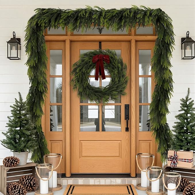N&T NIETING 9FT Christmas Norfolk Pine Garland Real Touch Pine Artificial Garlands Faux Greenery Garland Winter Christmas Garland for Table Mantle Fireplace Indoor Outdoor Xmas Decorations (6 Pcs)