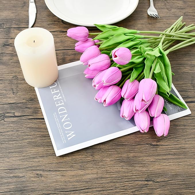 Mandy's Artificial Tulips 20 Stems Lavender PU Faux Flowers for Thanksgiving and Christmas Decorations Wedding Home Decor 13.5 Inch