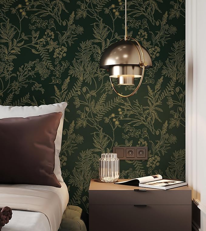 Peel and Stick Wallpaper Dark Green and Gold Floral Wallpaper Vintage Flower and Leaf Contact Paper for Cabinets Self-Adhesive Removable Wallpaper for Bedroom Bathroom Kitchen 197"x17.3"