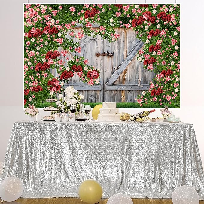 AOFOTO Barn Door Rose Backdrop Rustic Red Pink Beige Flowers Background Romantic Phtography Banner for Anniversary Wedding Decor Photo Studio Photobooth Props 12x8ft