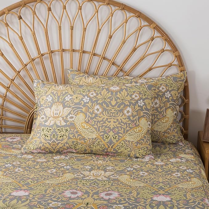 FADFAY 100% Cotton Twin XL Bed Sheet Set, 4 Piece Gray Vintage Floral Bird Print Bedding, Soft Breathable Cooling Sheets, Deep Pocket Fitted Sheet, Flat Sheet & Pillowcases, All Season Cotton Bedding