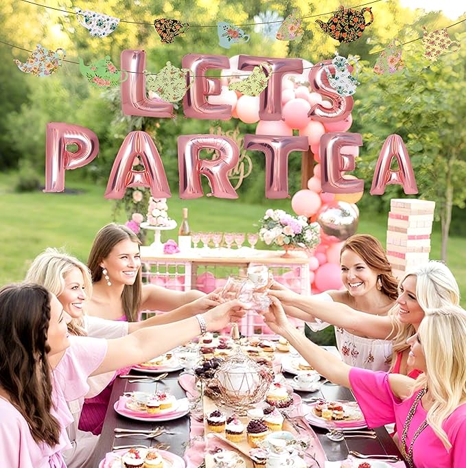 Let's Par Tea Decorations Tea Party Balloons Banner LET'S Par-Tea Foil Balloon Floral Teapots Teacups Balloons Banner Teacup banner for Birthday Baby Shower Wedding Party Supplies