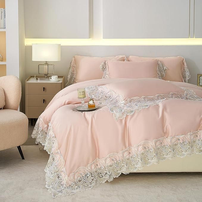 mixinni Luxury Satin Duvet Cover Set with Embroidery Lace, Silky Soft Bedding Set (1 Duvet Cover + 2 Pillowcases), Blush Pink - Elegant Bedroom Comforter Cover, Vintage Royal Style-Twin XL Size
