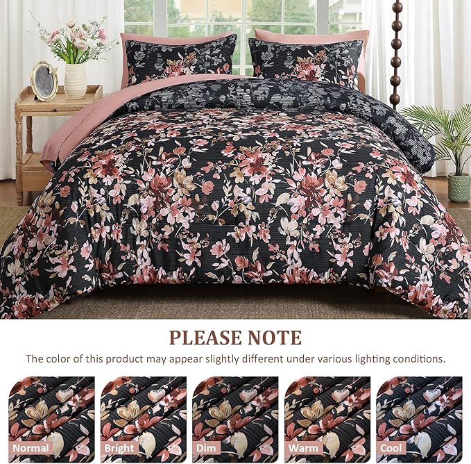 Queen Comforter Set, 7 Pieces Black and Pink Floral Comforter Set, Bed in a Bag Queen with Botanical Flowers Pattern, All Season farmhouse Queen Size Bedding Set with Sheets, Pillowcases & Shams