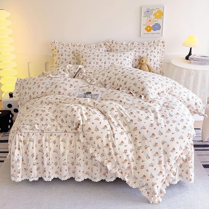 EAVD Cute Garden Floral Duvet Cover with Ruffles Soft Cotton Chic French Romantic Floral Bedding Set with 2 Pillowcases Reversible Botanical Print Duvet Cover with Zipper Closure